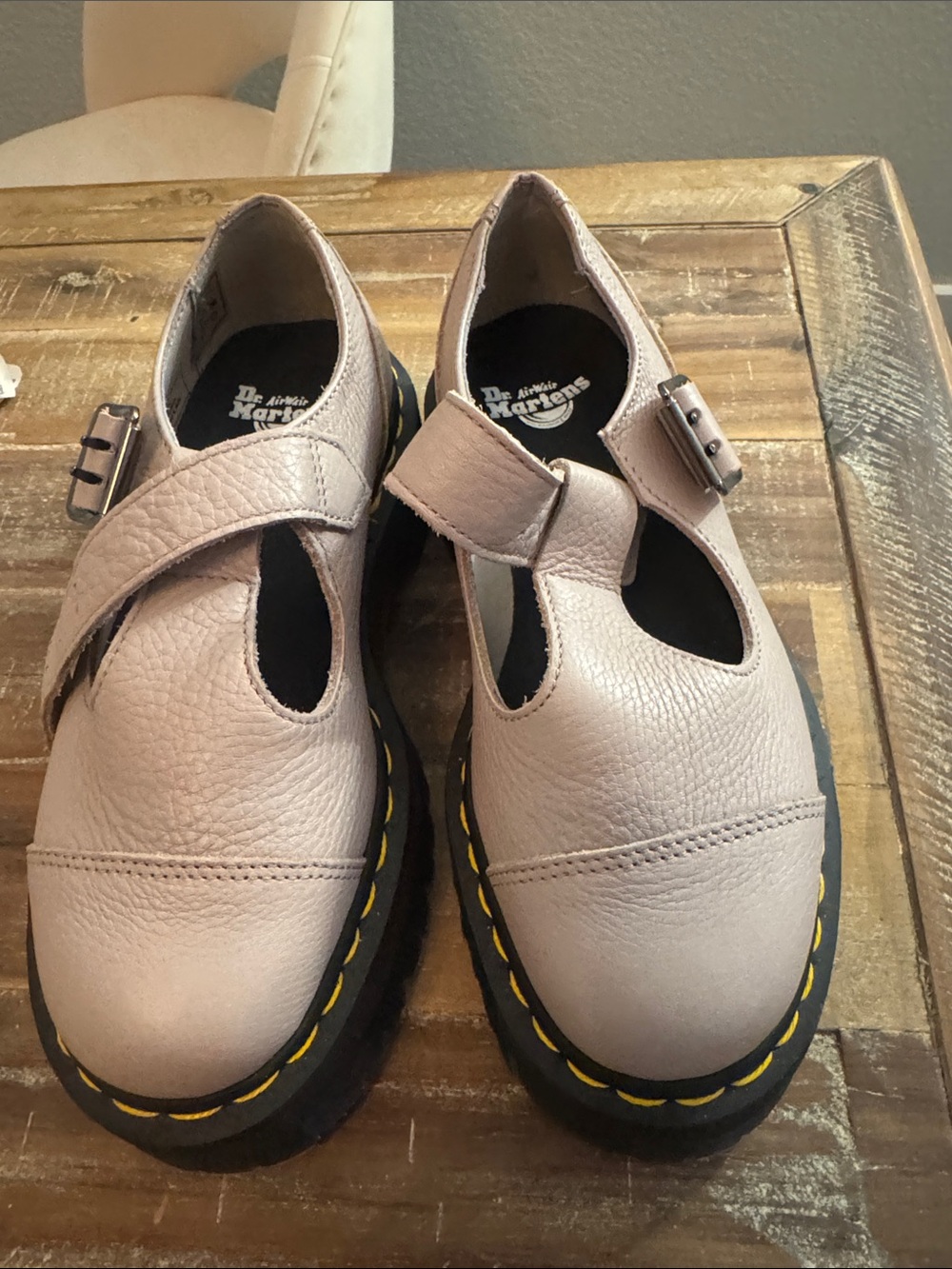 Dr. Martens Girls' Light Pink Leather Mary Jane Shoes with Yellow Stitching